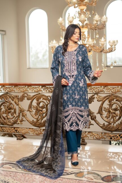 Zimal Linen Printed Embroidered Suit