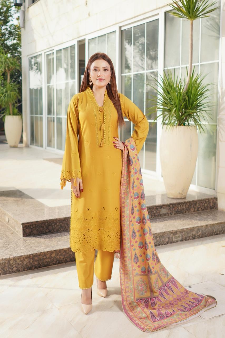 Winter Dress Munira Designer Mahira Elegant Schiffli Winter Ensemble - Image 1