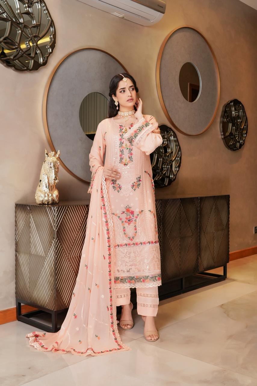 Summer Sarah Chiffon Fabrics Dress Munira Designer Book 11 (8) Sarah Elaf Premium Chiffon Suit - Image 1