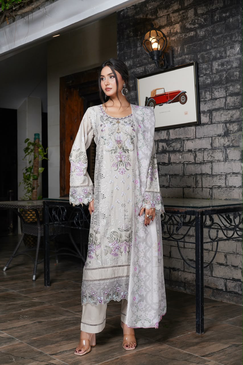 Sehar Premium Lawn Vol. 72 Munira Designer 11 Sehar Silver Grey Floral Grace - Image 1