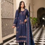 Navy Blue Embroidered Dhanak Suit