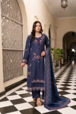 Navy Blue Embroidered Dhanak Suit