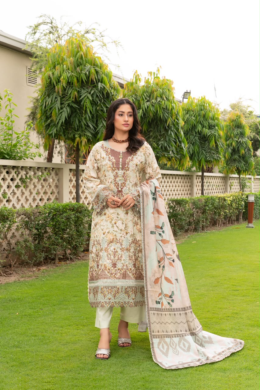 Lubna Dhanak Vol 15 Dhanak Suit - Front View Model wearing Munira Designers Lubna Dhanak Vol 15 cream floral printed and embroided dhanak suit with printed wool shawl, front view
