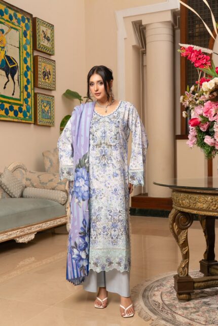 Model wearing Lubna Dhanak Vol. 15 ice blue floral embroidered dhanak suit with printed wool shawl by Munira Designers, front view