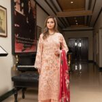 Peach floral embroidered dhanak suit with crimson wool shawl and palazzo – Lubna Dhanak Vol 15 front view
