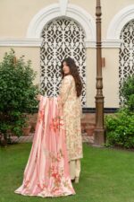 Back view of beige dhanak suit with floral print and large pink striped wool shawl with red flowers