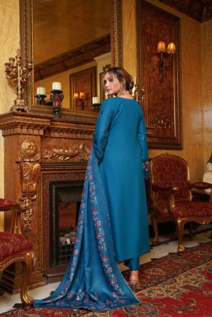 Back view of teal blue Dhanak suit with printed wool shawl draped over the shoulder