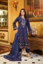 Navy blue embroidered dhanak suit by Munira Designers Mahi Vol 18, front view