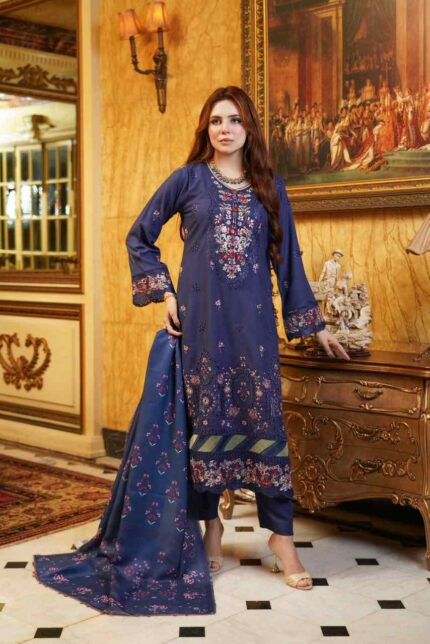 Navy blue embroidered dhanak suit by Munira Designers Mahi Vol 18, front view