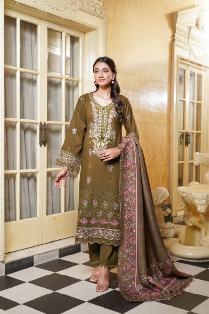 Woman wearing Mahi olive green Dhanak suit with floral embroidery and printed wool shawl